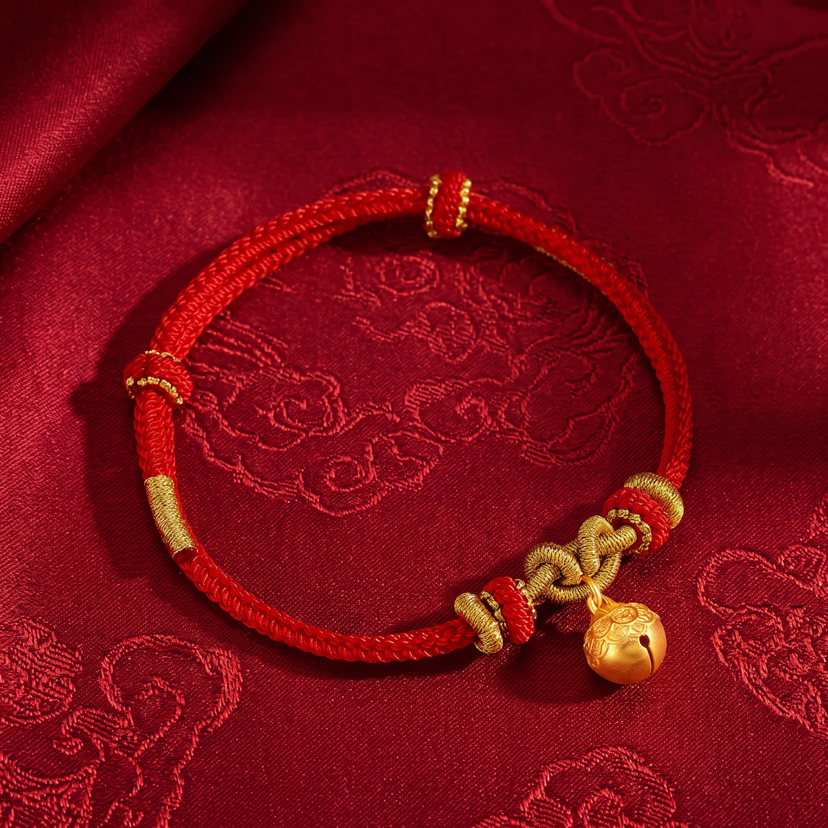 24k 999 Gold Bell Charm Woven Adjustable Bracelet