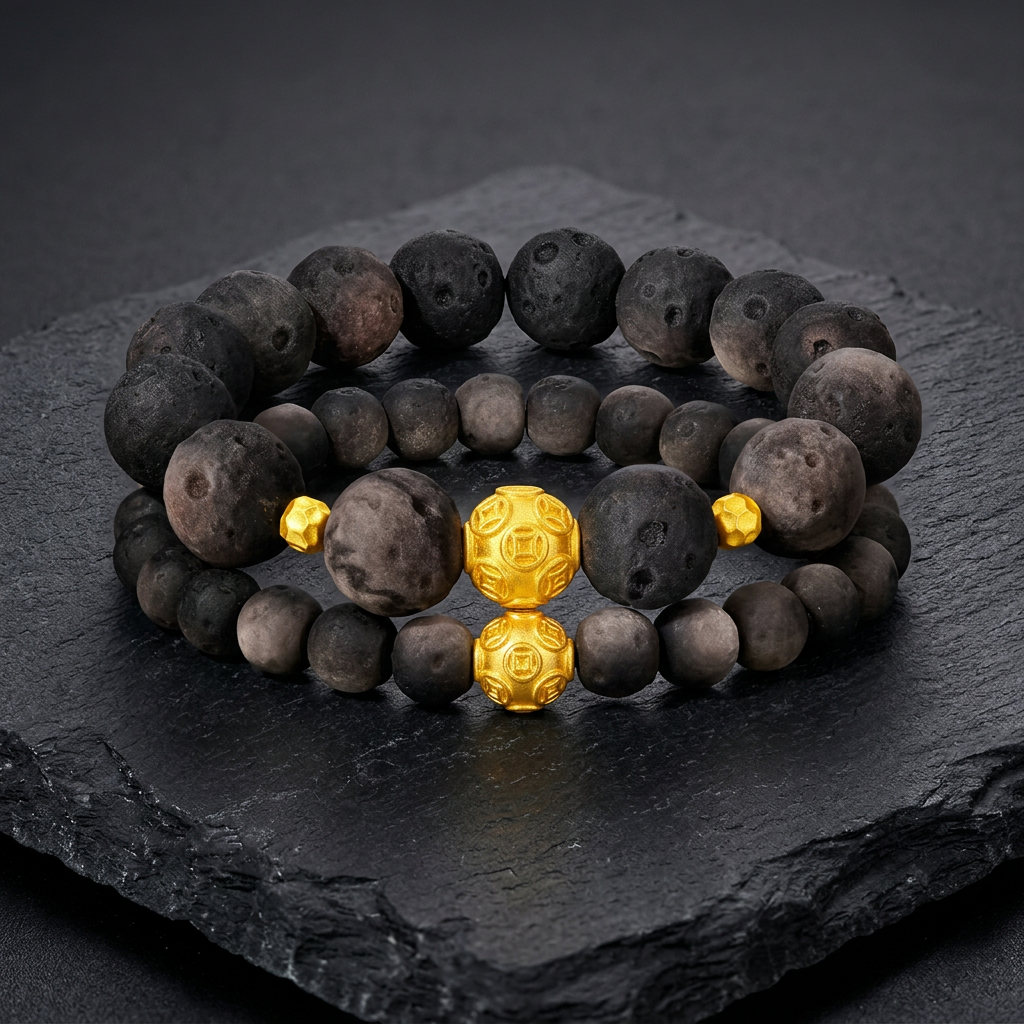 24K Gold Wealthy Charm Obsidian Beads Bracelet Couple