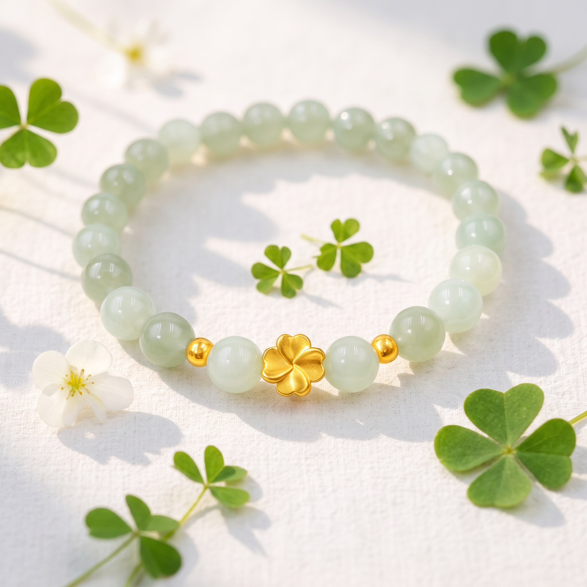24K 999 Fine Gold Four-Leaf Clover Charm Ice Jade Beaded Bracelet Unique Gift