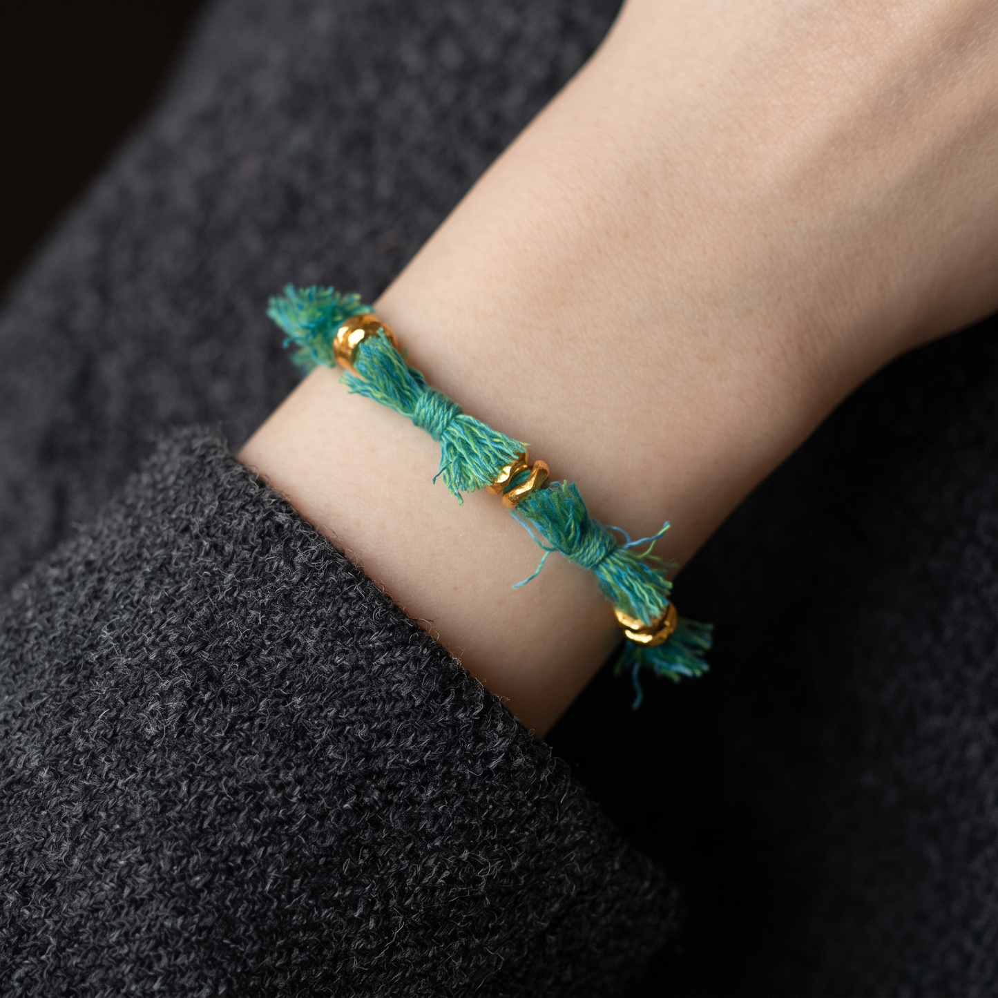 24k Fine 999 Gold Fortune Beads Tibetan-Inspired Handwoven Cord Bracelet
