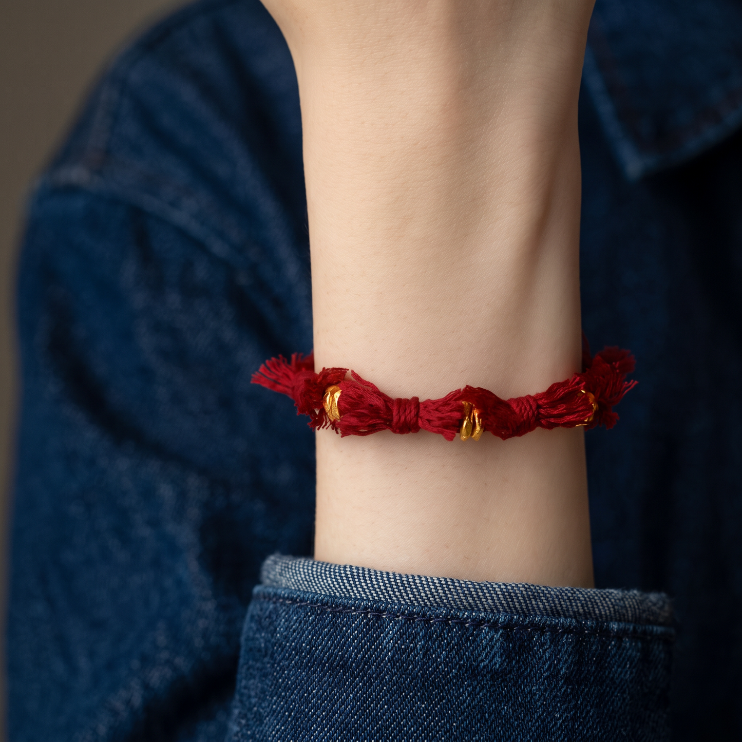 24k Fine 999 Gold Fortune Beads Tibetan-Inspired Handwoven Cord Bracelet