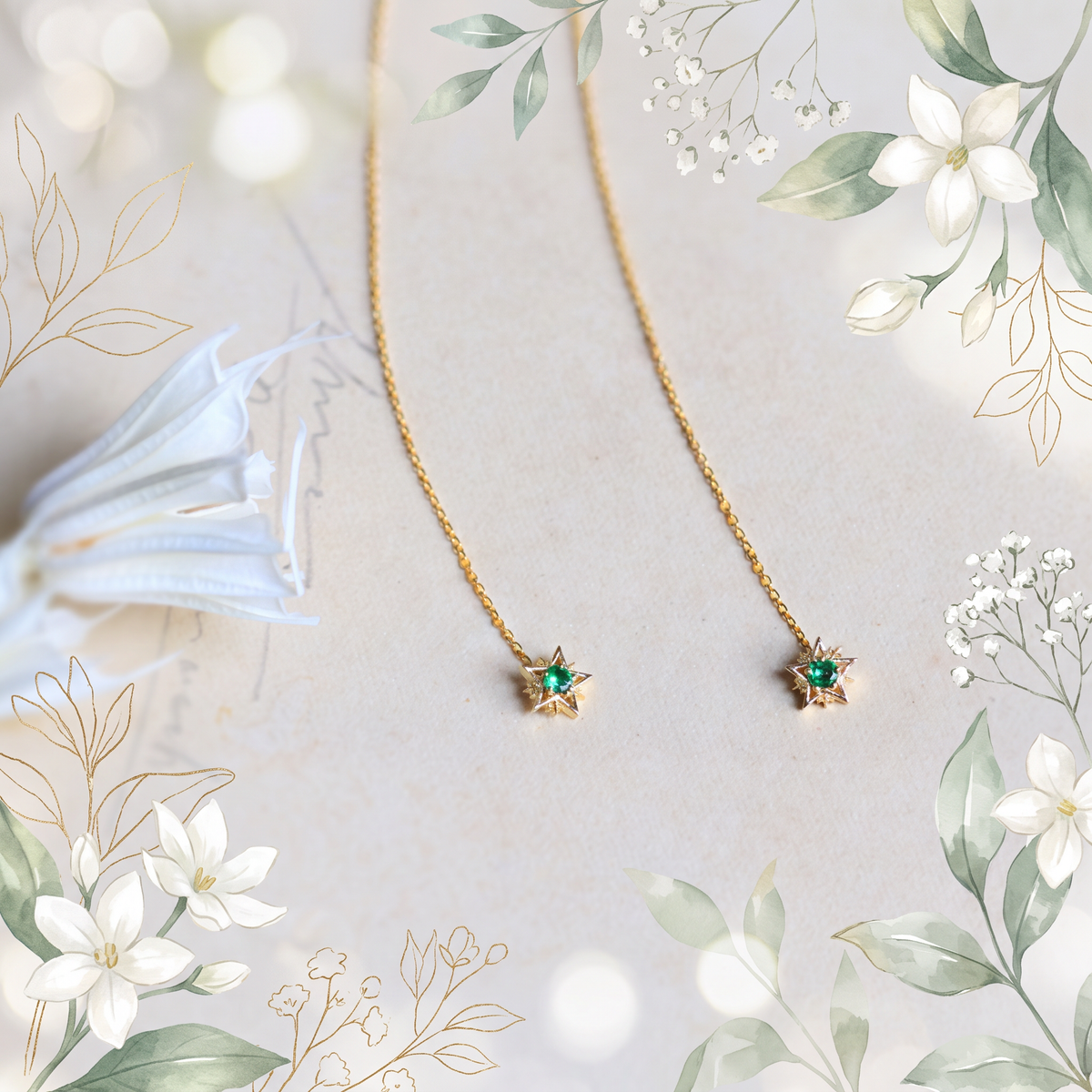 18K Gold Natural Tsavorite Garnet Star 18K Gold Threader Earrings