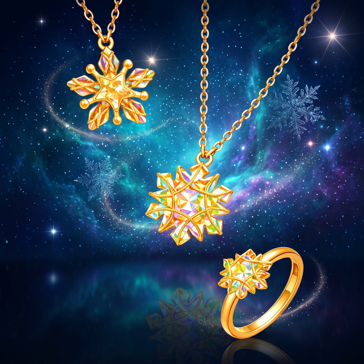 24k Fine Gold Snow Snowflake Star Glimmer Ring Necklace