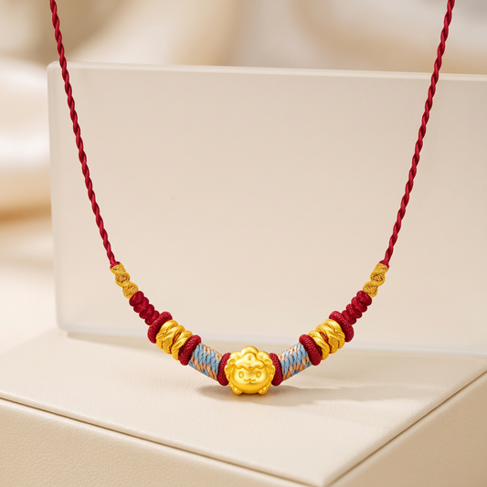 24k Gold Chinese Zodiac Sheep Goat Charm Woven Braided Cord Necklace Couple Gift