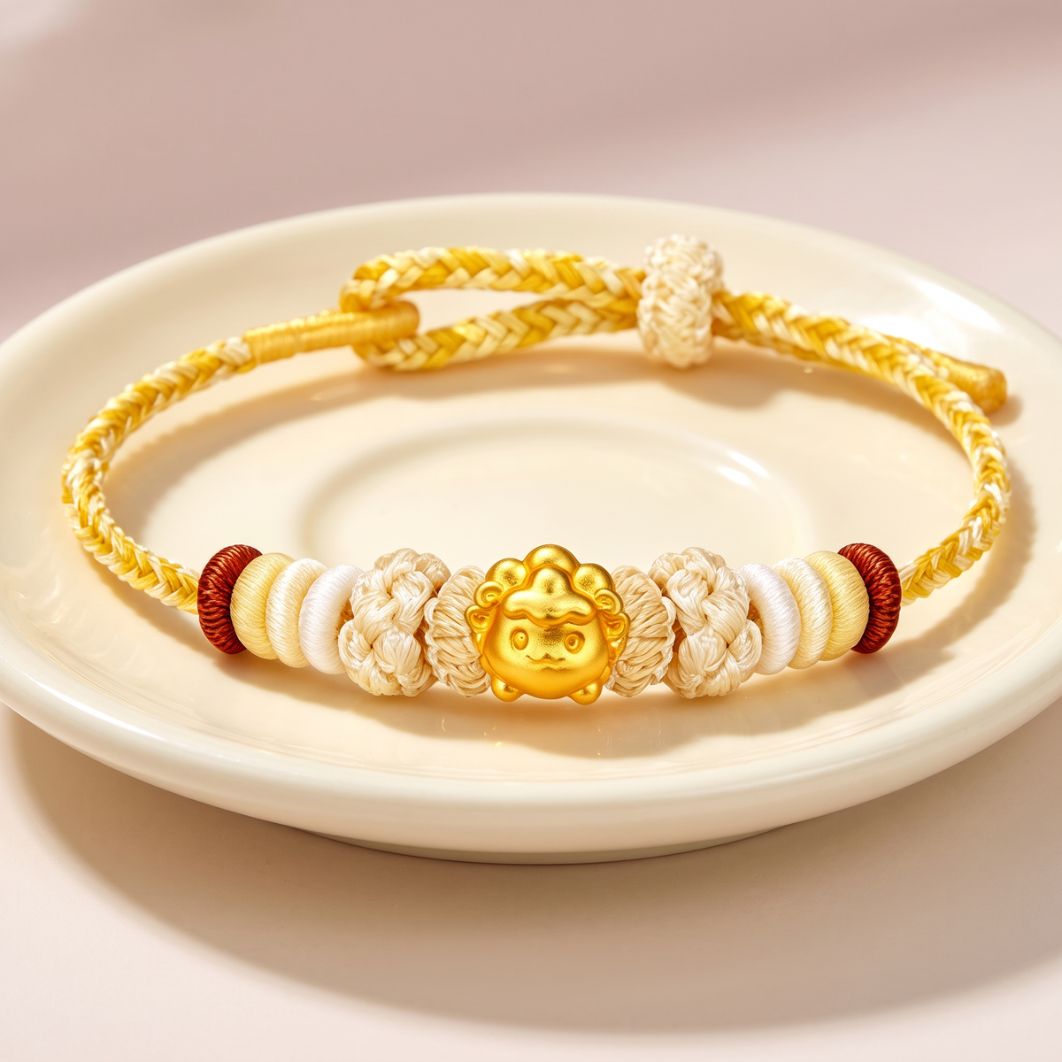 24k 999 Gold Zodiac Sheep Goat Charm Woven Adjustable Bracelet