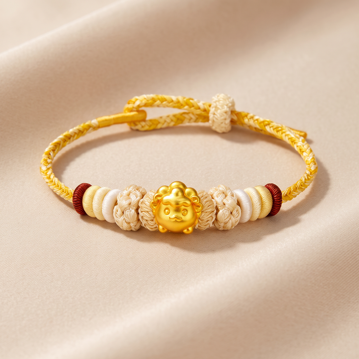 24k 999 Gold Zodiac Sheep Goat Charm Woven Adjustable Bracelet