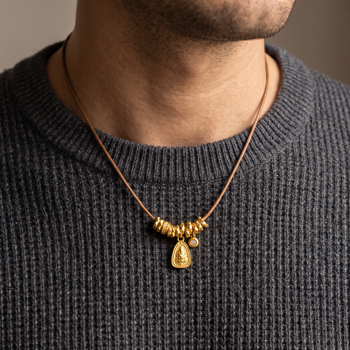 24k 999 Gold Jambhala Wealth Charm Pendant Hoop Ring Beads Cord Necklace