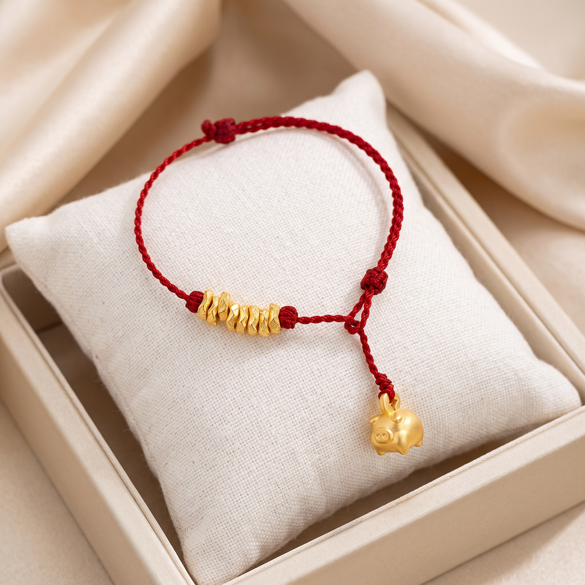 24k 999 Gold Zodiac Pig Piggy Bank Design Charm String Cord Bracelet