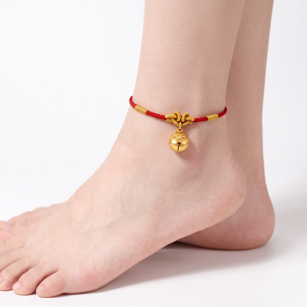 24k 999 Gold Bell Charm Woven Adjustable Anklet