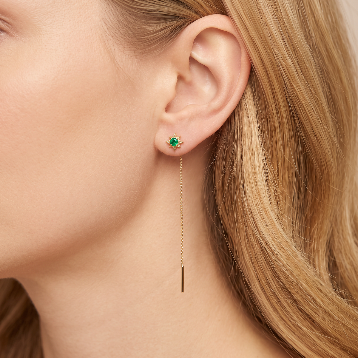 18K Gold Natural Tsavorite Garnet Star 18K Gold Threader Earrings