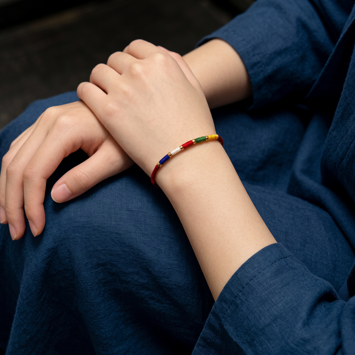 24k 999 Gold Bead Five Wealth Gods Five Color Cord Unisex Bracelet and Anklet