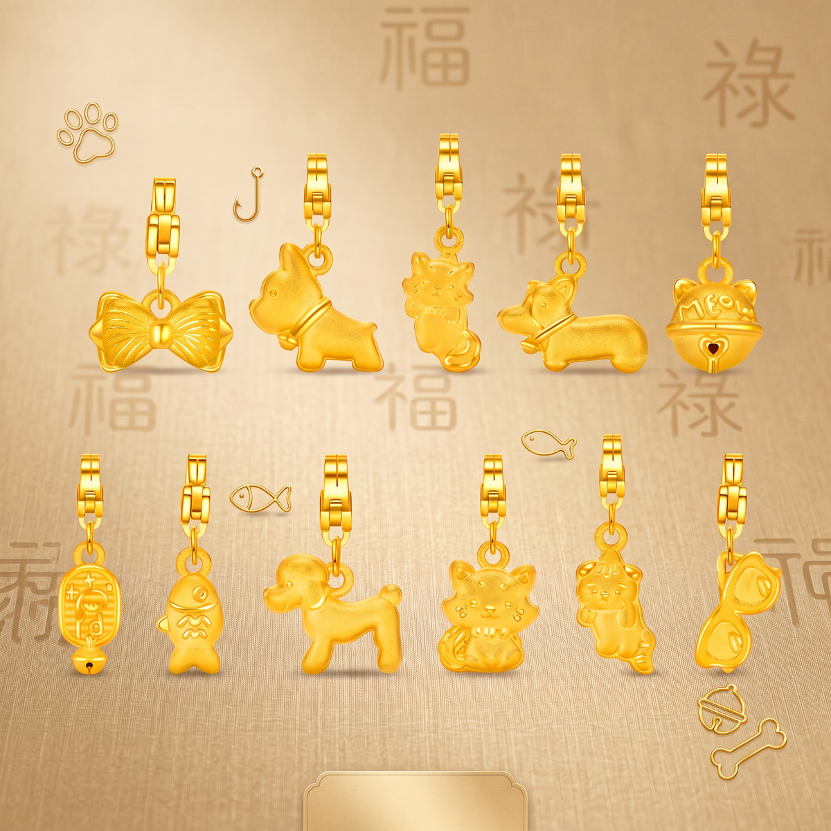 24k 999 Gold Mini Charm D.I.Y Cat Dog Family Kitten Fish Charms
