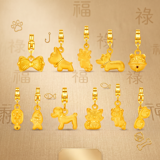 24k 999 Gold Mini Charm D.I.Y Cat Dog Family Kitten Fish Charms