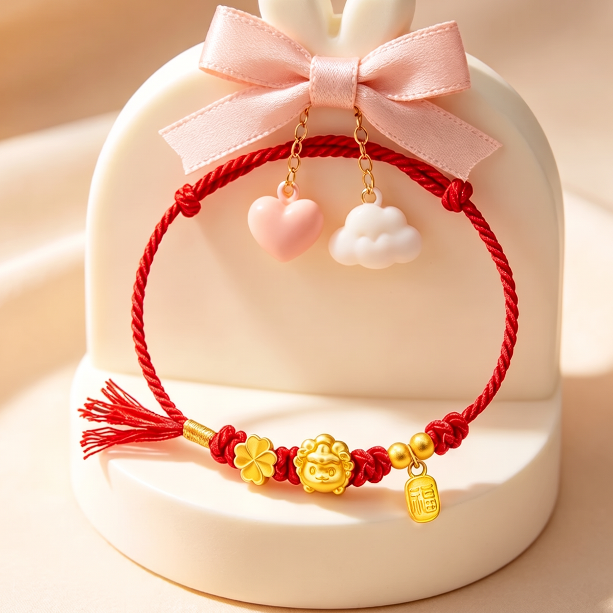 24k 999 Gold Zodiac Sheep Goat Charm Clover Blessing Charm Woven Adjustable Bracelet