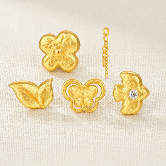 24K Fine Gold Minimal Butterfly Leaf Bird Tassel Stud Earrings