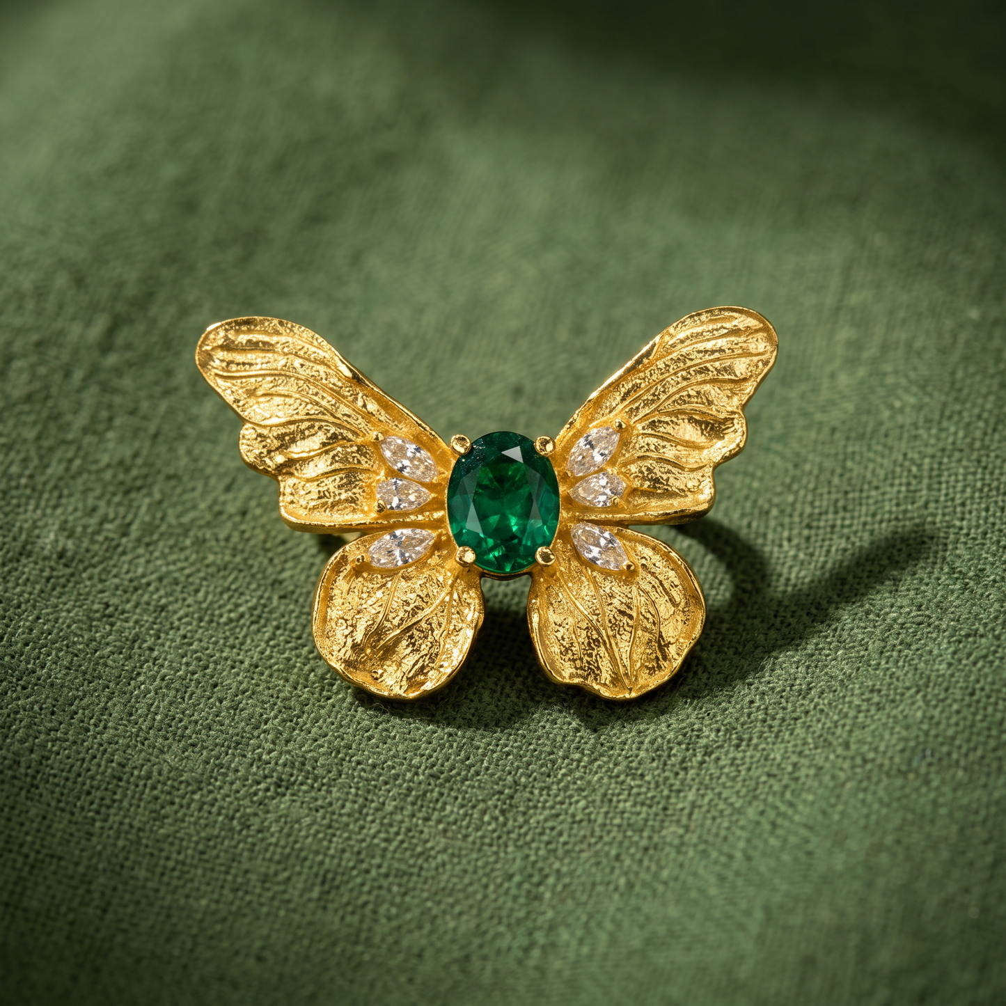 24k 999 Fine Gold Vintage Style Butterfly Emerald Moissanite Pendant