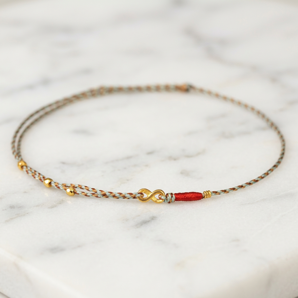 24k 999 Gold Minimal Infinity Loop Charm Beads Braided Ultra-Fine Cord Anklet