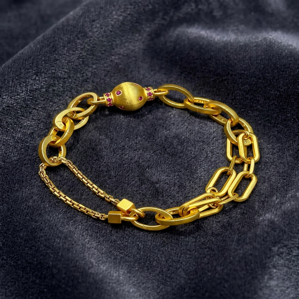 24k Gold bead Charms Minimal Chain Link Bracelet