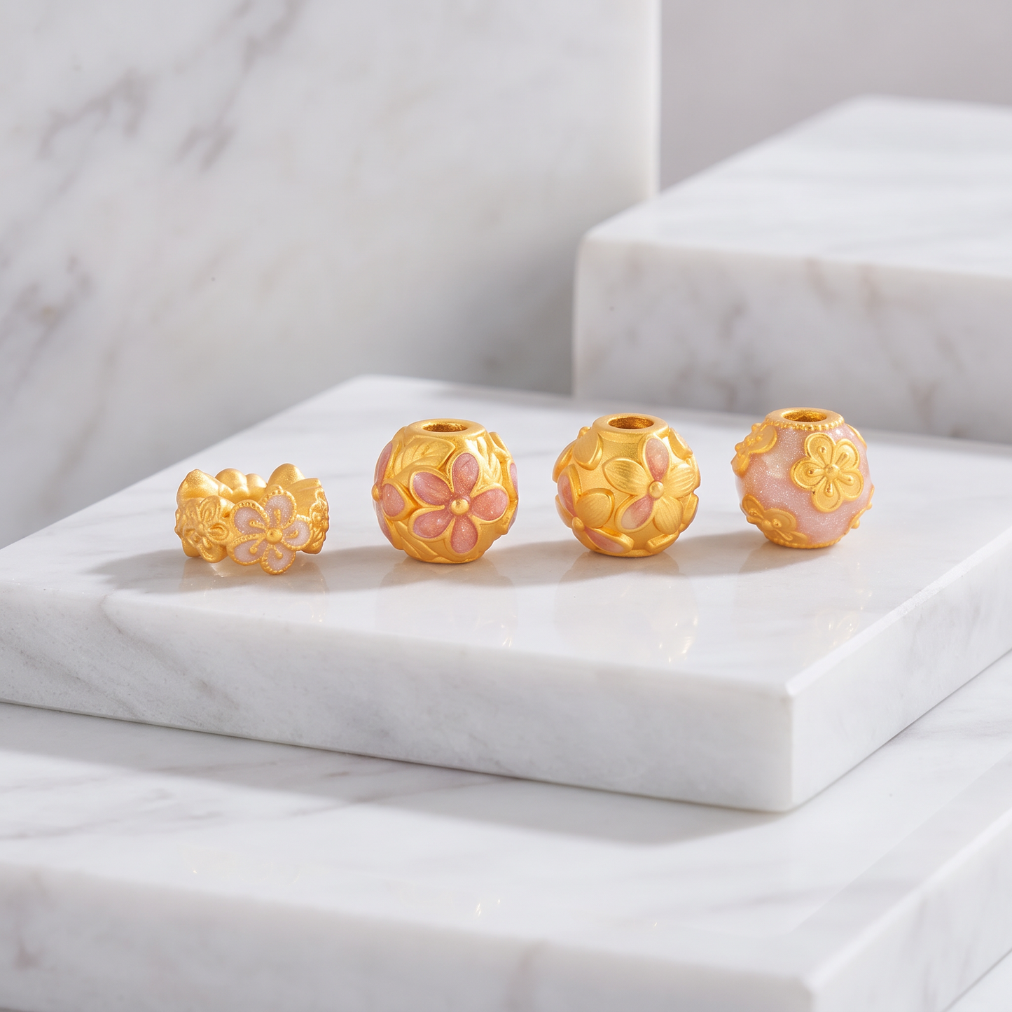 24K Hard Gold Peach Blossom Flower Lucky Rolling Bead D.I.Y Charm Spacer