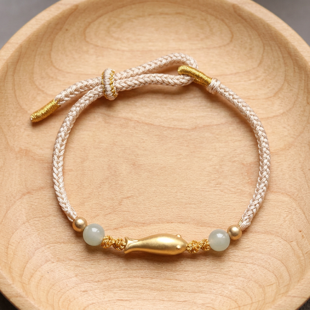 24K 999 Gold Fish Charm Jade Beads Braided Adjustable Cord Bracelet