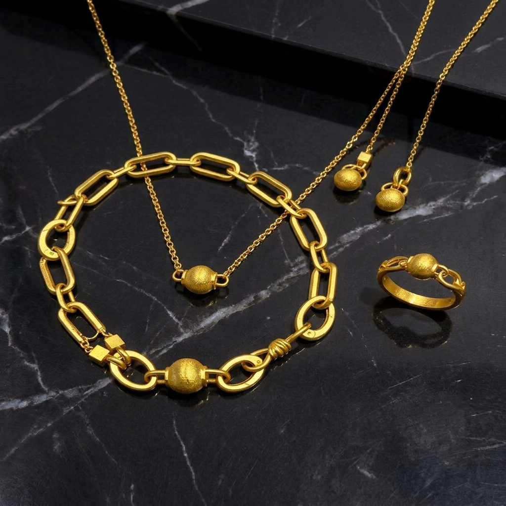 24k Gold bead Charms Minimal Chain Link Bracelet