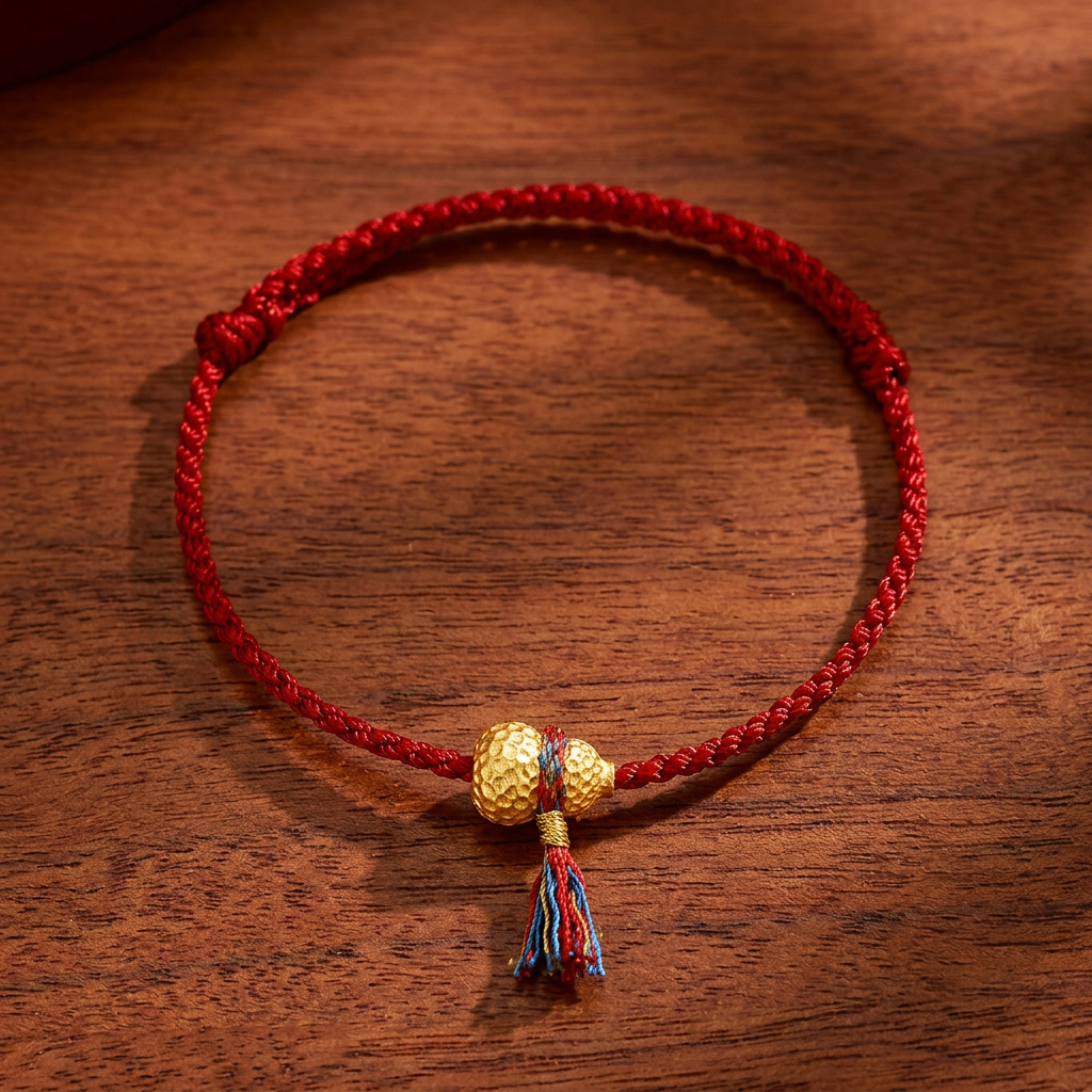 24K Fine Gold Gourd Charm Tassel Braided Cord String Adjustable Bracelet