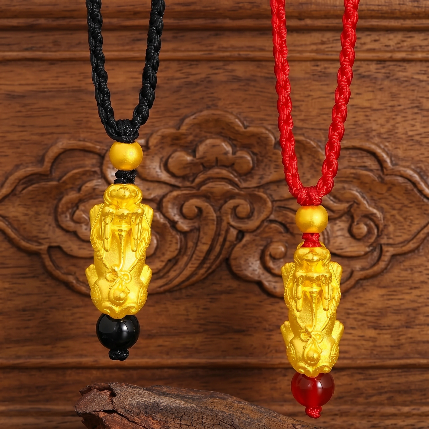 24K 999 Gold Pixiu Charm Beads with Braided String Necklace
