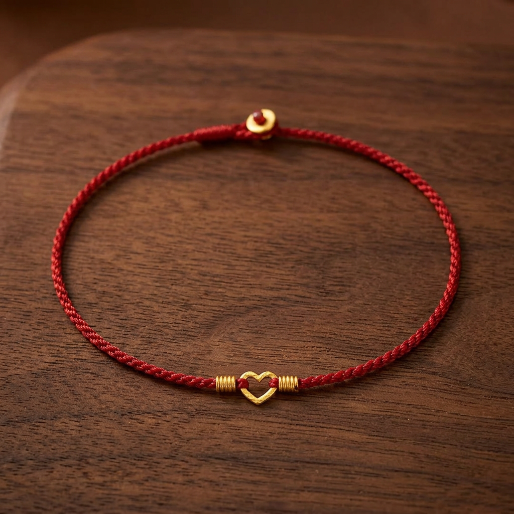 24k 999 Gold Mini Heart Charm Minimalist Ultra-Thin Adjustable Cord Bracelet