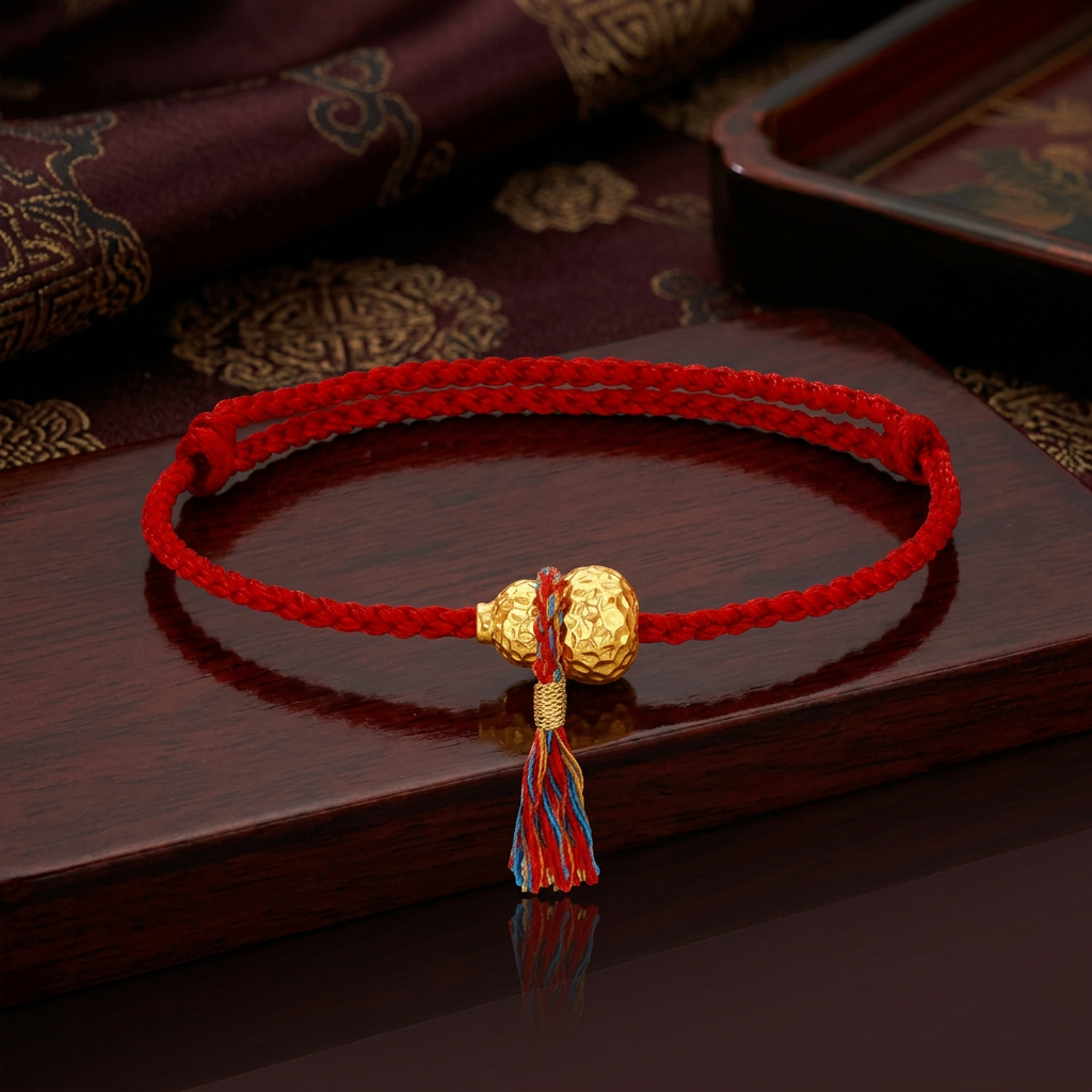 24K Fine Gold Gourd Charm Tassel Braided Cord String Adjustable Bracelet
