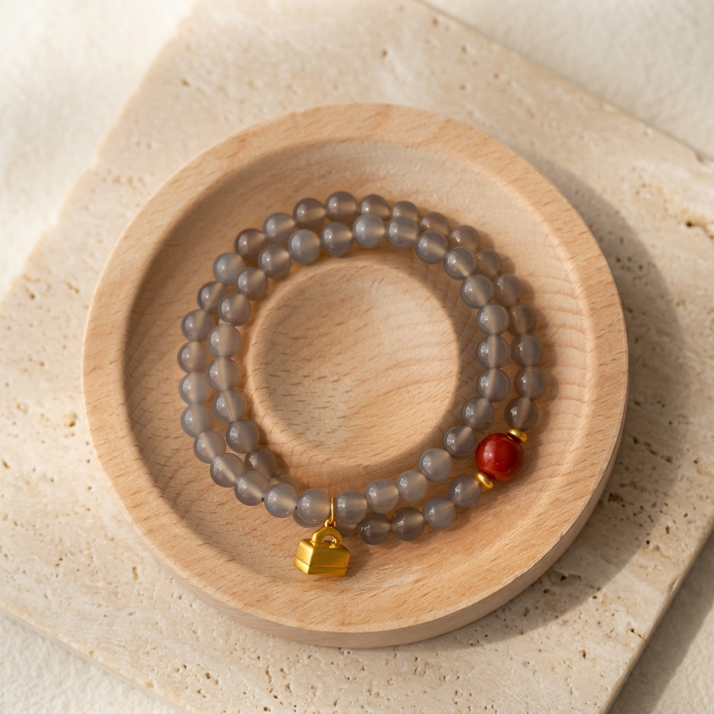 24k Pure 999 Gold Charm Natural Gray Agate & Nanhong Agate Beads Cherish Blessings Bracelet
