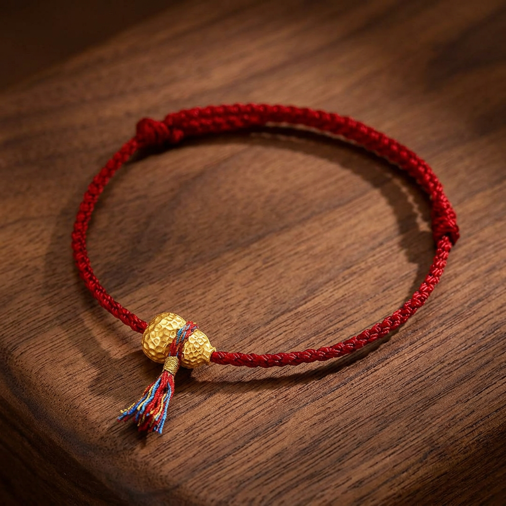 24K Fine Gold Gourd Charm Tassel Braided Cord String Adjustable Bracelet