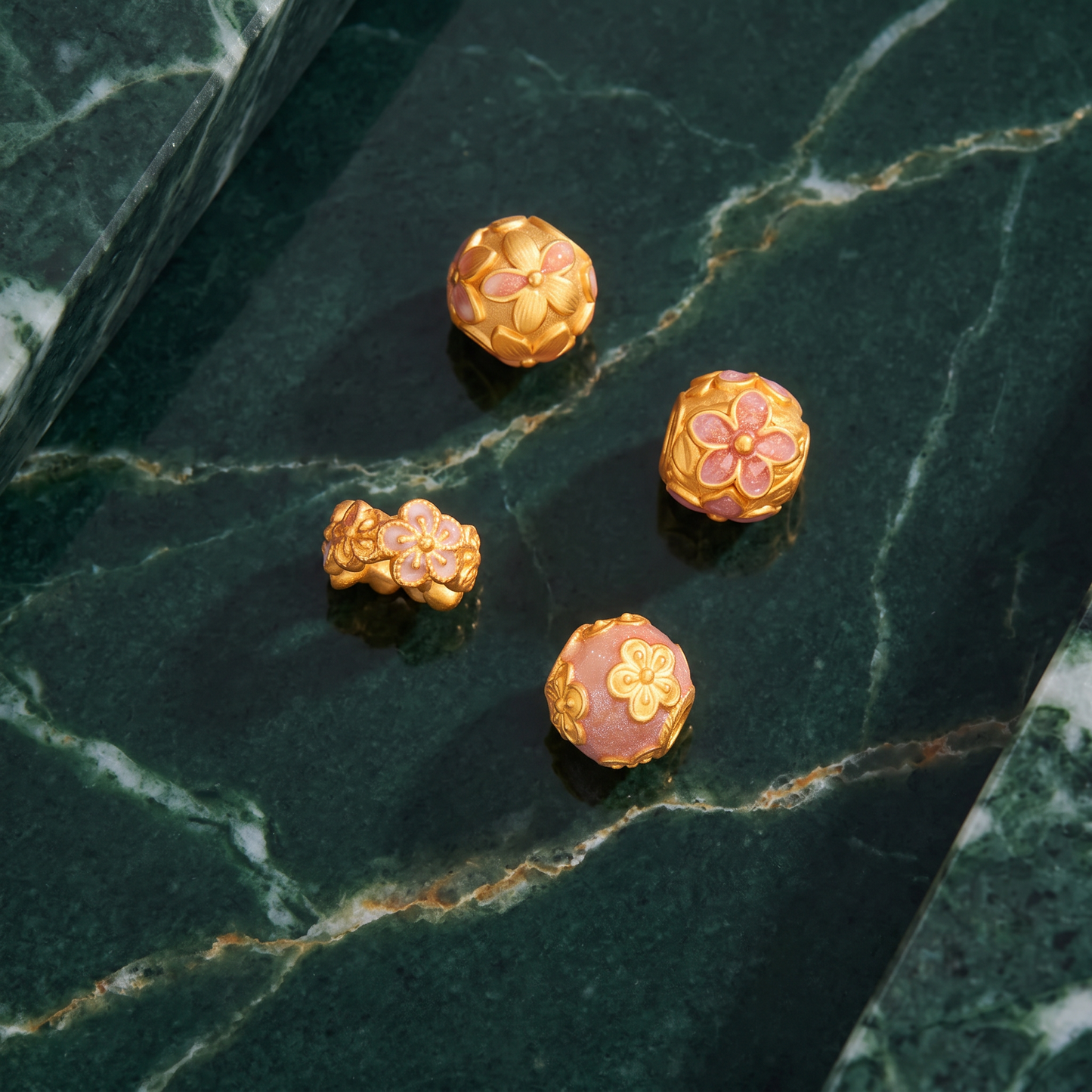 24K Hard Gold Peach Blossom Flower Lucky Rolling Bead D.I.Y Charm Spacer