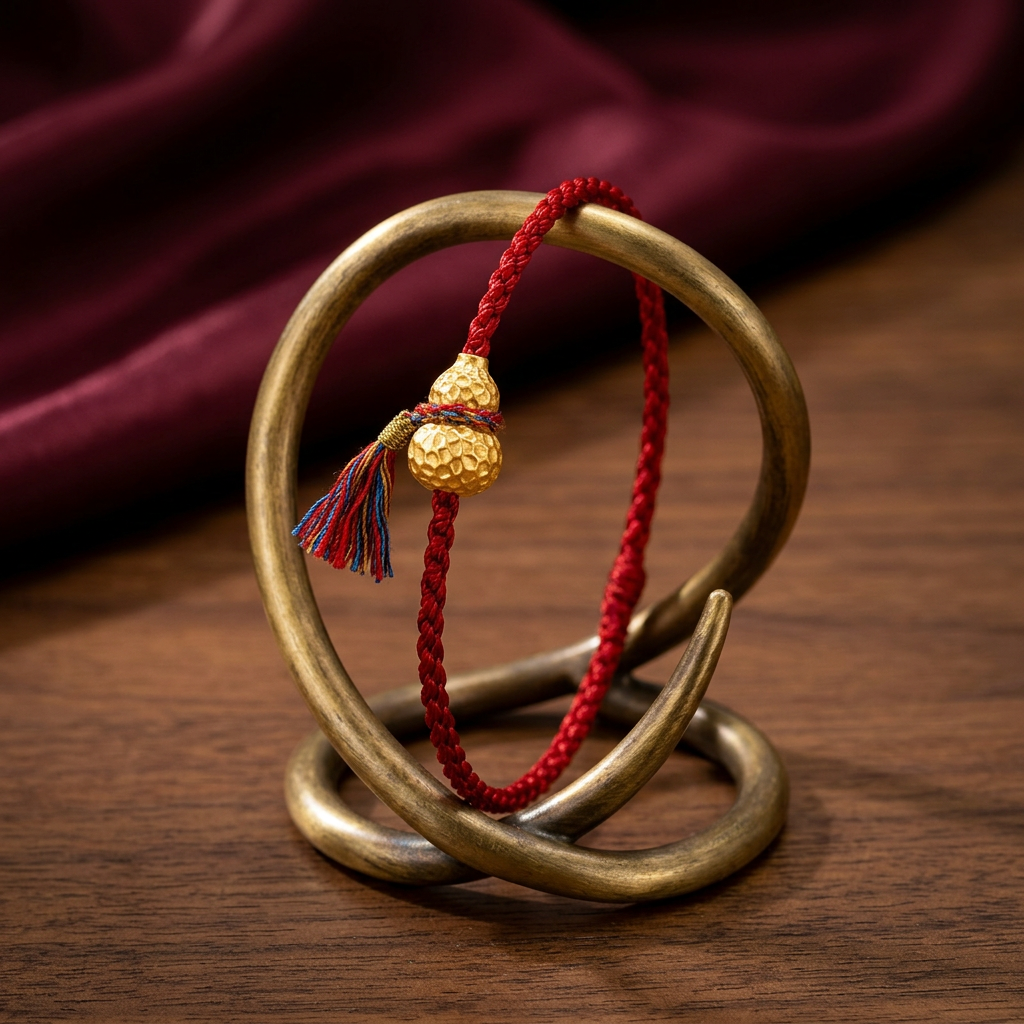 24K Fine Gold Gourd Charm Tassel Braided Cord String Adjustable Bracelet