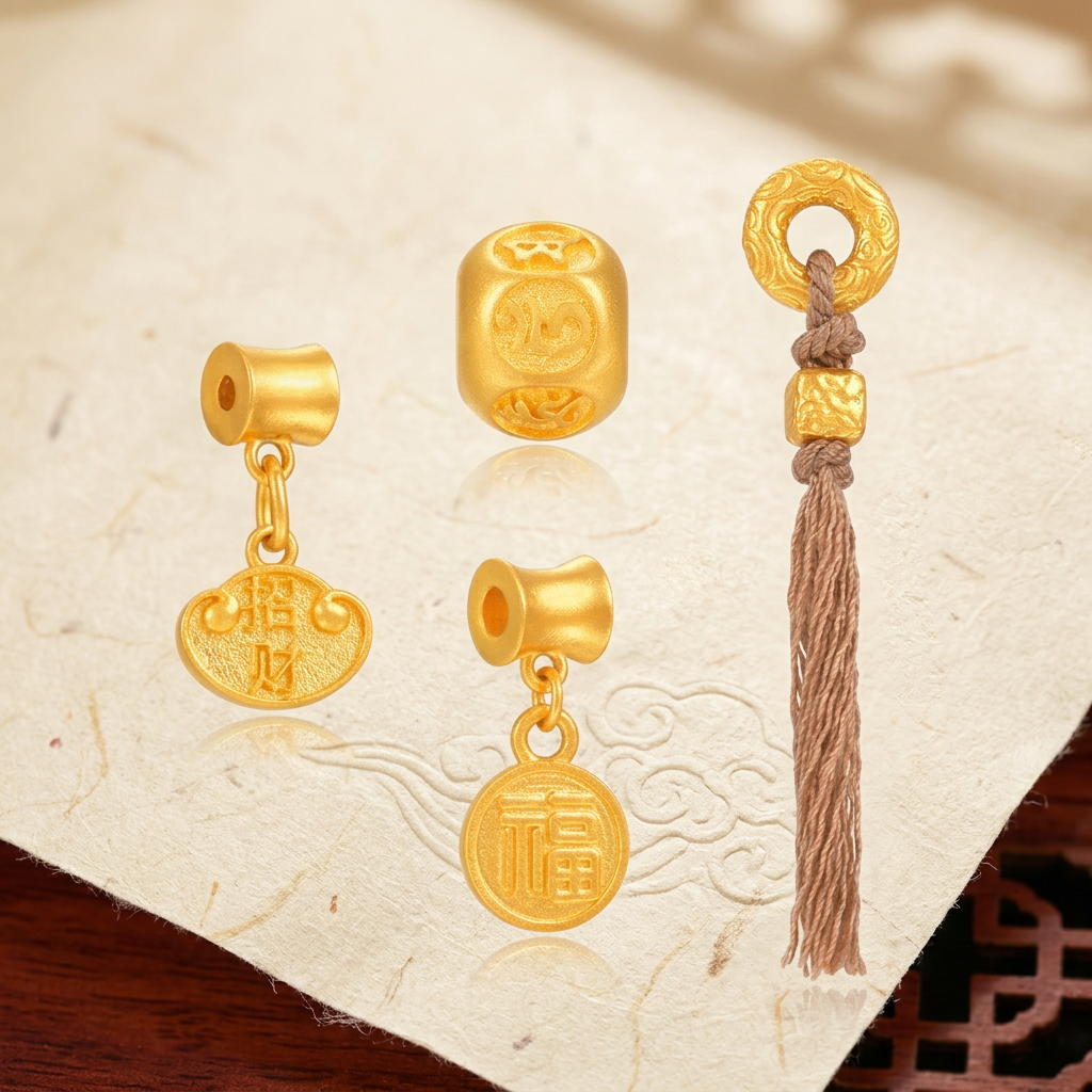 24K Gold Spacer Chinese blessing "Fu" D.I.Y Accessories Vajra Tassel Charm