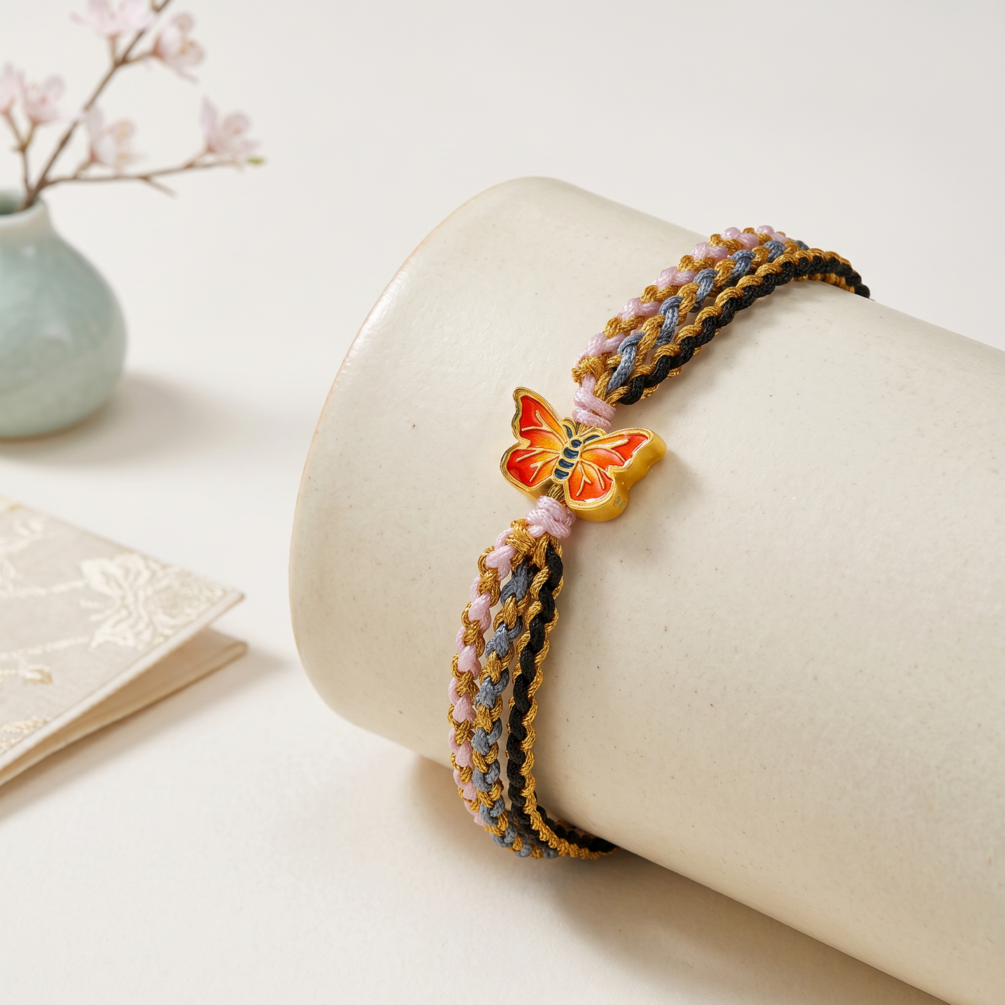 24K 999 Gold Enamel Butterfly String Cord Adjustable Bracelet