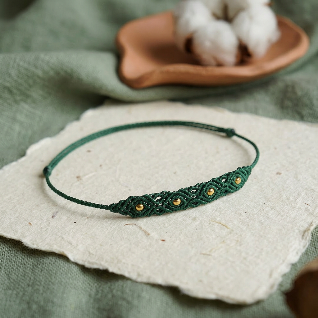 24k Gold Beads Minimal Braided Pattern Knot Lace Untra-Fine Adjustable Cord Bracelet