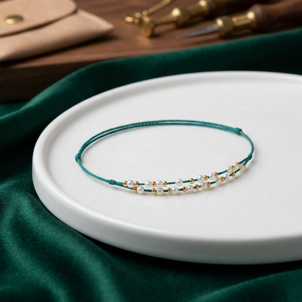 24K Gold Beads Freshwater Pearl Double Layer Ultra-Fine Adjustable Cord Bracelet