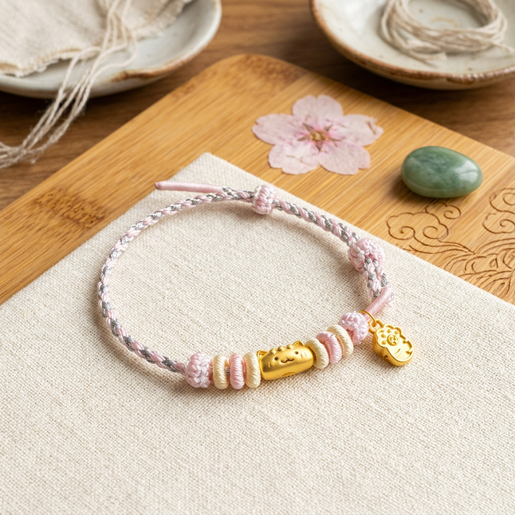 24K 999 Gold Cat Paw Charms Lucky Fortune Adjustable Cord Bracelet