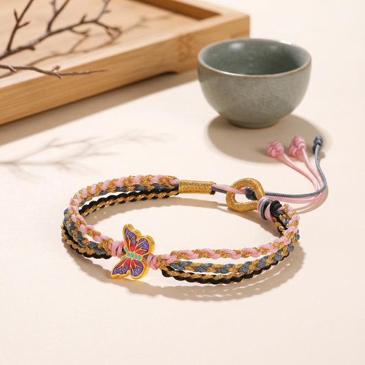 24K 999 Gold Enamel Butterfly String Cord Adjustable Bracelet