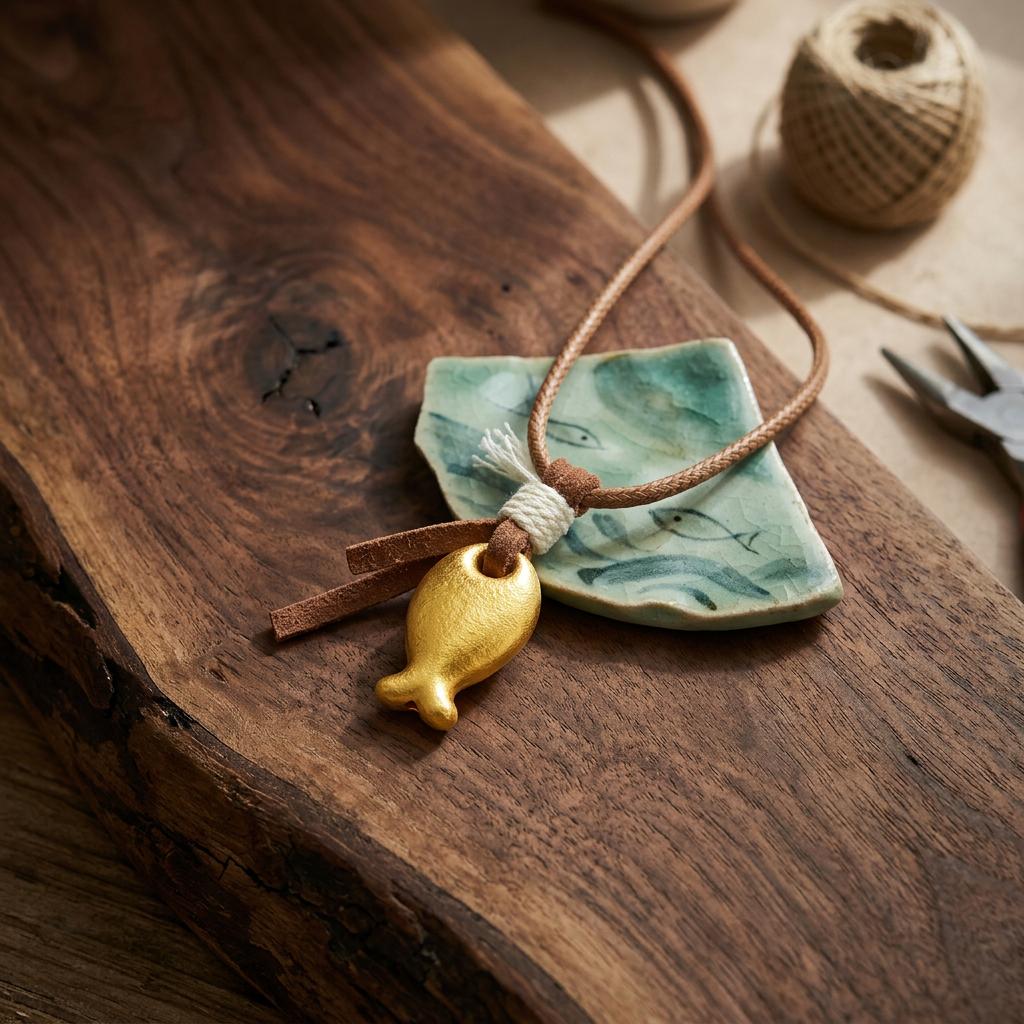 24k Gold Fish Lucky Koi Charm Pendant with String Necklace
