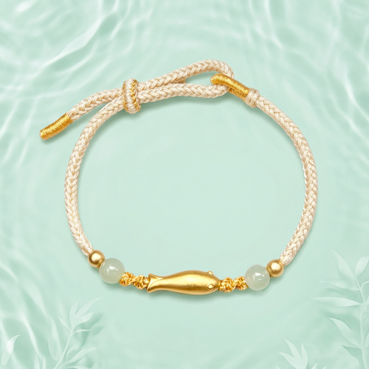 24K 999 Gold Fish Charm Jade Beads Braided Adjustable Cord Bracelet
