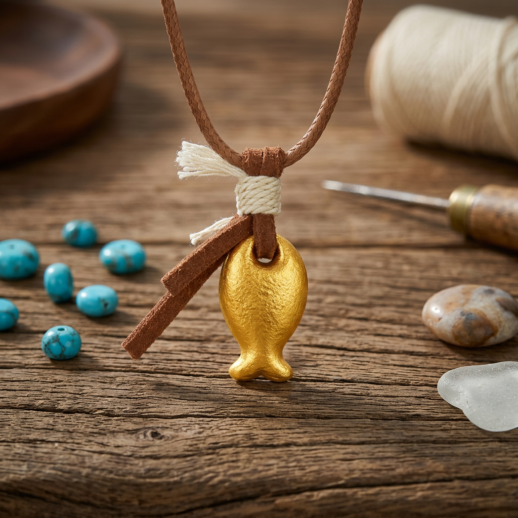 24k Gold Fish Lucky Koi Charm Pendant with String Necklace