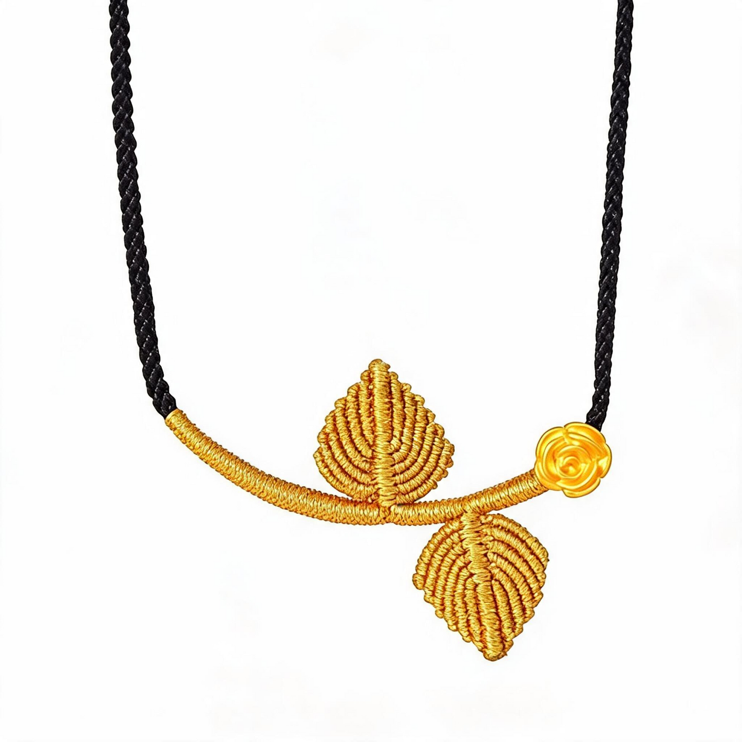 24K 999 Gold Flower Rose Charm Blessing Fu Braided Leaf Necklace