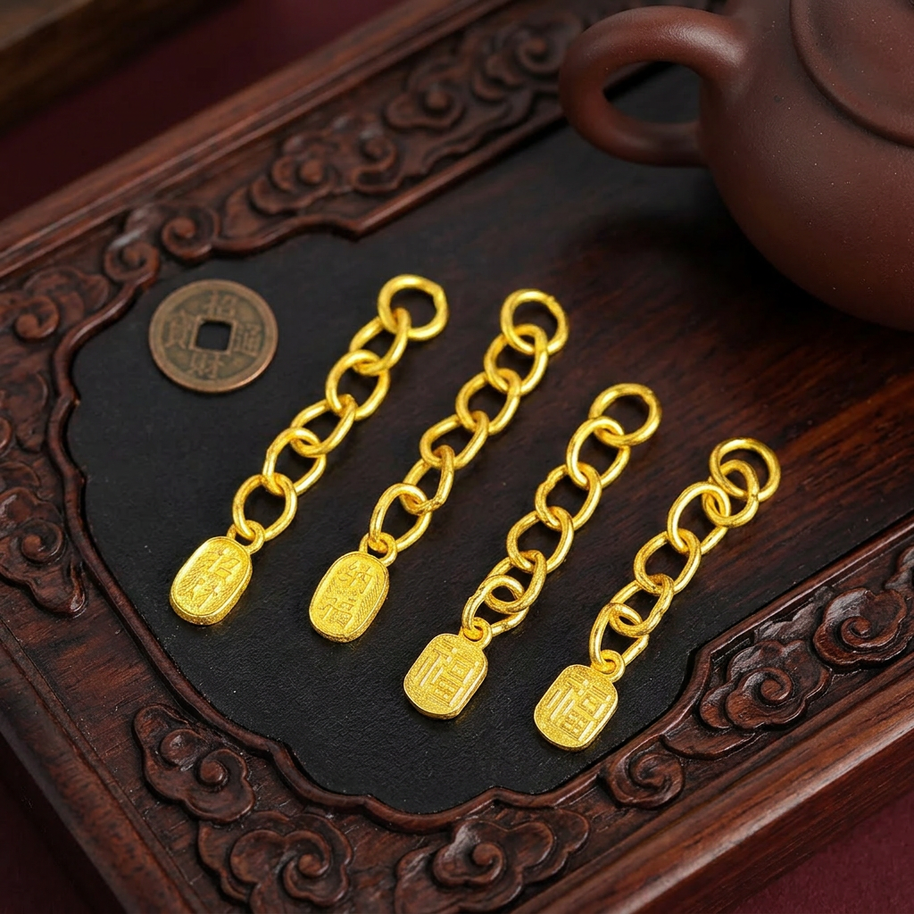 24K 999 Solid Gold Mini Extension Chain Link Fortune Blessing Charm