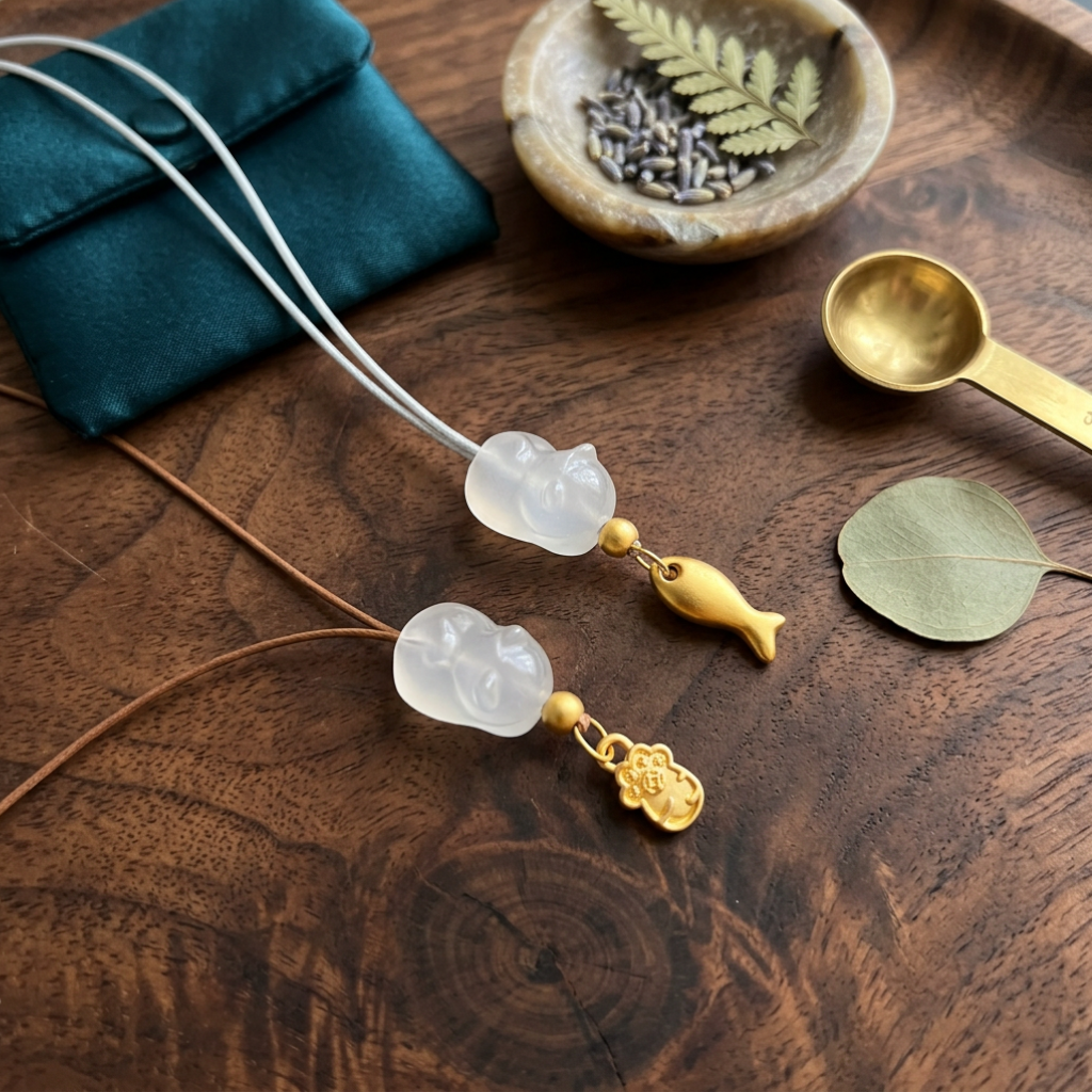 24K 999 Gold Cat Paw Fish Charms Chalcedony Gemstone Lucky Fortune Cord Necklace