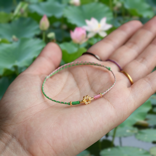 24k 999 Gold Lotus Flower Zircon Charm Braided Thin Cord Bracelet