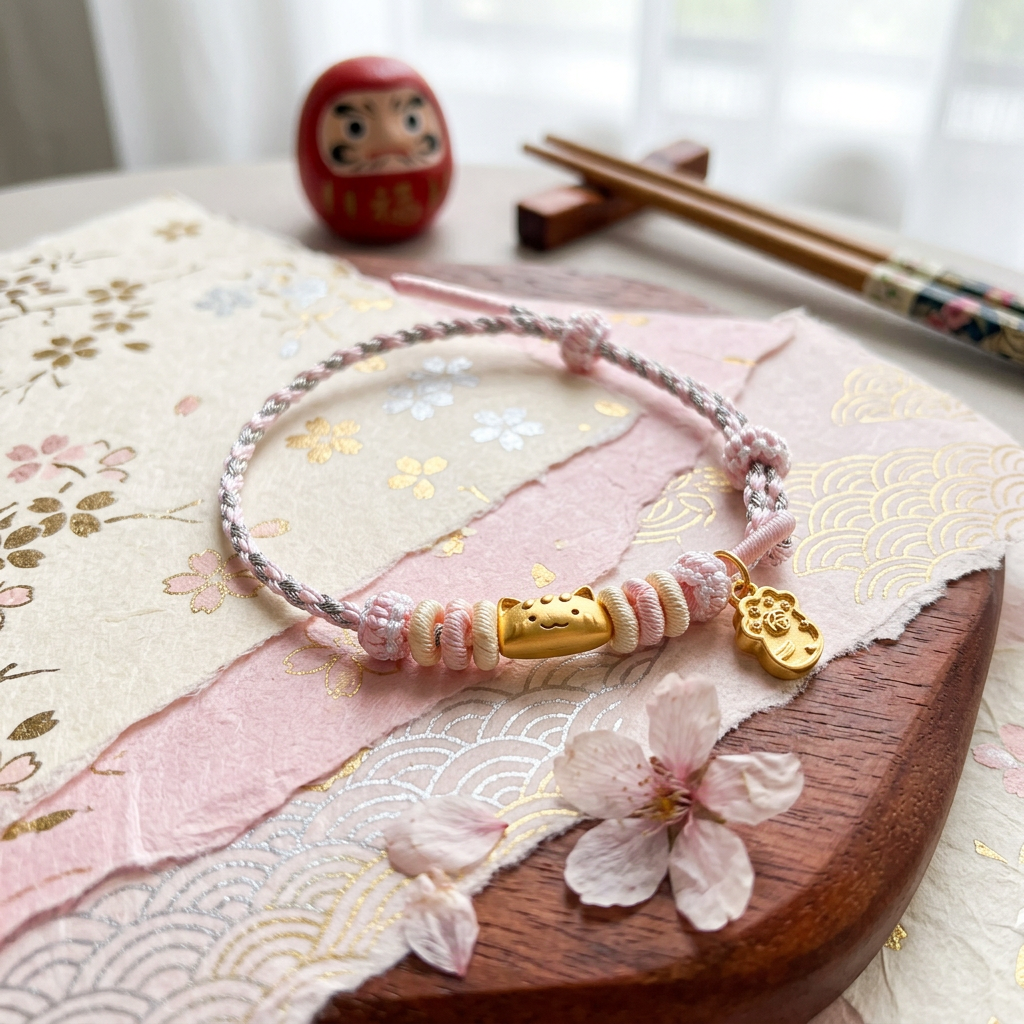 24K 999 Gold Cat Paw Charms Lucky Fortune Adjustable Cord Bracelet