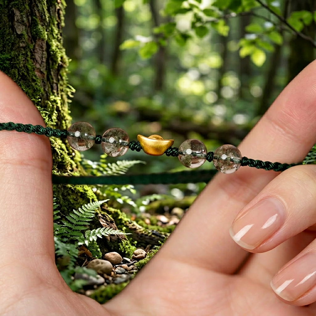 24K Gold Mini Ingot Green Phantom Quartz Crystal Beads Adjustable String Bracelet and Anklet