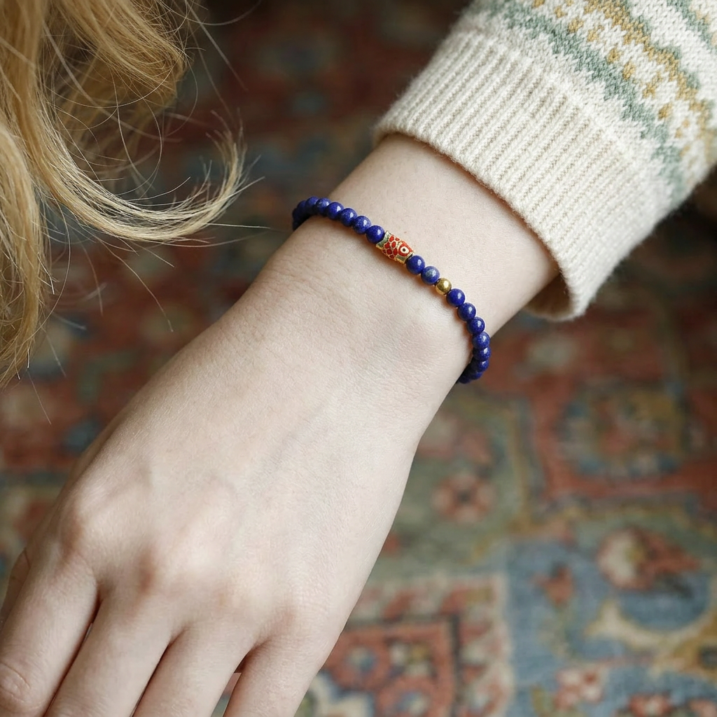 24k 999 Gold Carp Koi Fish Charm Beads High-Quality Natural Afghan Lapis Lazuli Bracelet