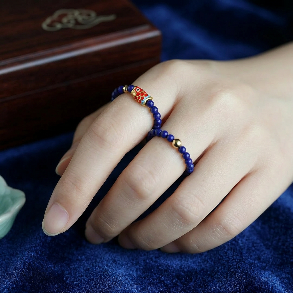 24k 999 Gold Carp Koi Fish Charm Beads High-Quality Natural Afghan Lapis Lazuli Ring
